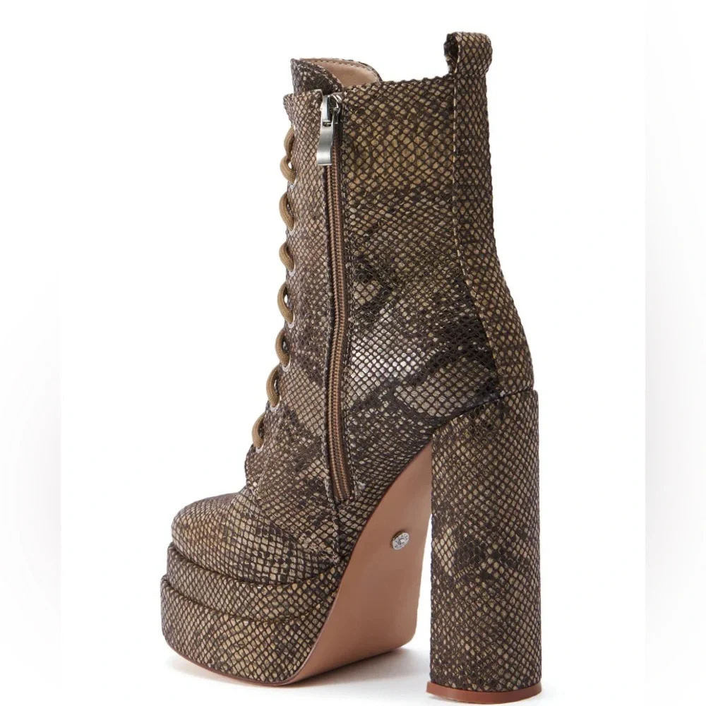 AZALEA WANG Brown Vegan Snakeskin Combat Boots - Picture 3 of 6